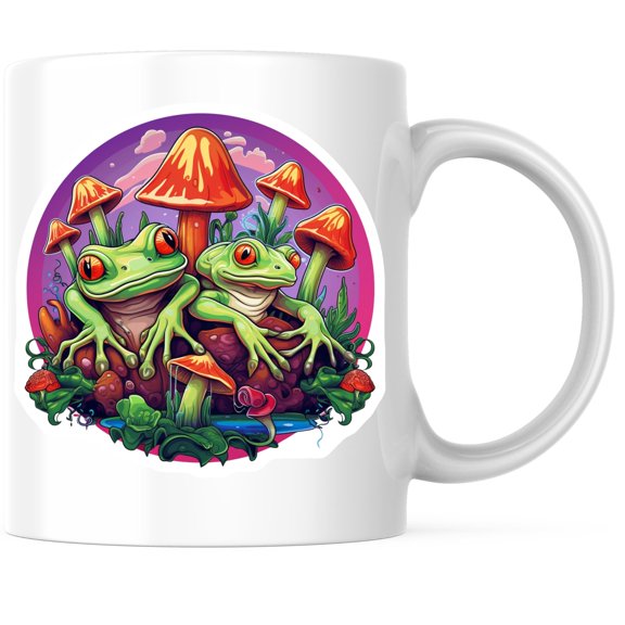 Bliss Monkey Co. Tree Frogs and Mushrooms Coffee Mug - Nature Art Coffee Mug - 11 Ounce Ceramic Cup - Premium Ceramic - Design Printed On Both Sides - BMCM04070