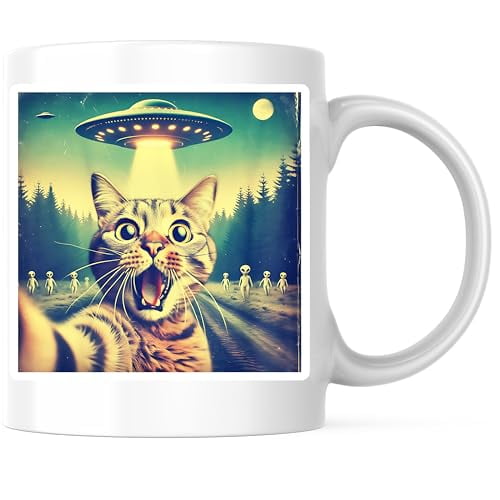 Bliss Monkey Co. UFO Cat Coffee Mug - Alien Abduction Mug - Funny Cat Mug 11 Ounce - Design Printed On Both Sides - High Quality Ceramic - BMCM3382