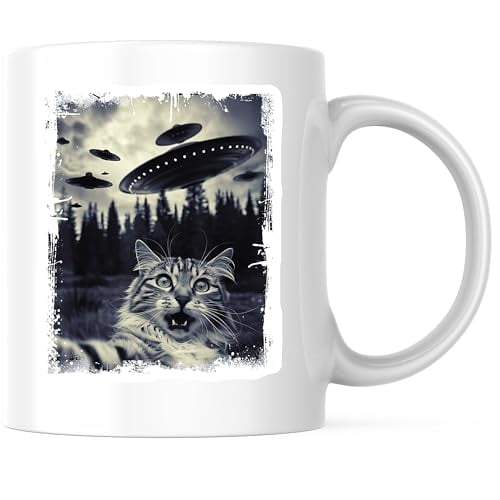 Bliss Monkey Co. UFO Cat Coffee Mug - Funny Alien Abduction Kitty Mug - Sci-Fi Space Mug 11 Ounce Ceramic Cup - Design Printed On Both Sides - High Quality Ceramic - BMCM3381