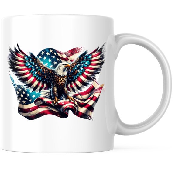 Bliss Monkey Co. USA Bald Eagle American Flag Coffee Mug - Patriotic US Flag Mug - 11 Ounce Coffee Mug - Design Printed On Both Sides - Glossy Ceramic - Microwave & Dishwasher Safe - BMCM01375