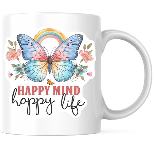 Bliss Monkey Co. Vibrant Butterfly Coffee Mug - Inspirational Quote Mug - Happy Mind Happy Life 11 Ounce Coffee Mug - Premium Ceramic - Design Printed On Both Sides - BMCM04329