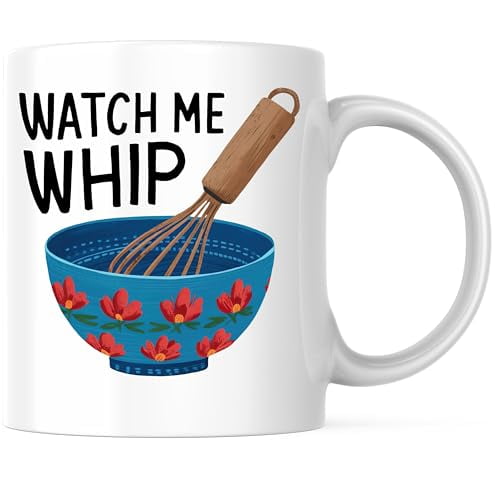 Bliss Monkey Co. Watch Me Whip Coffee Mug - Funny Baking Kitchen Humor - Whisk and Bowl Design 11 Ounce Coffee Mug - Premium Ceramic - Design Printed On Both Sides - BMCM03052