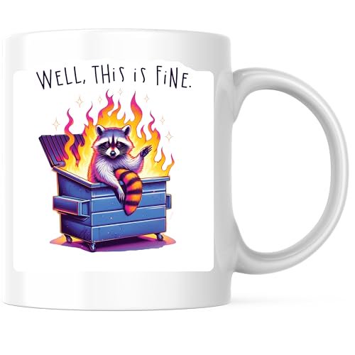 Bliss Monkey Co. Well This Is Fine Coffee Mug - Funny Raccoon Dumpster Fire Mug - 11 Ounce Novelty Coffee Cup - Premium Ceramic - Design Printed On Both Sides - BMCM03739