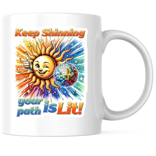 Bliss Monkey Co. Winking Sun Coffee Mug - Keep Shinning Positive Quote - Disco Ball Design 11 Ounce Coffee Mugs - Design Printed On Both Sides - High Quality Ceramic - BMCM3231