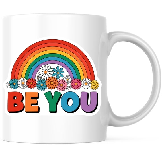 Bliss Monkey Co. Be You Rainbow Coffee Mug - Inspirational Quote Cup - Colorful Flower Design 11 Ounce Coffee Mug - Premium Ceramic - Design Printed On Both Sides - BMCM03898