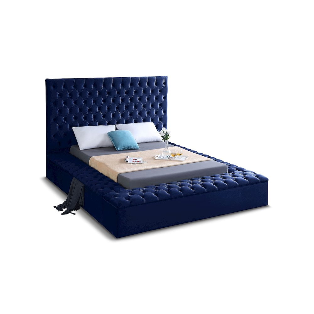 Bliss Navy Velvet King Bed with Tufted Upholstery and Storage
