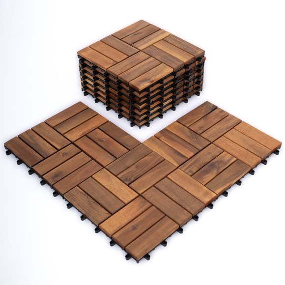 Bliss Outdoors Hardwood 12-Slat Interlocking Acacia Wooden Deck Tiles, Natural, Set of 10