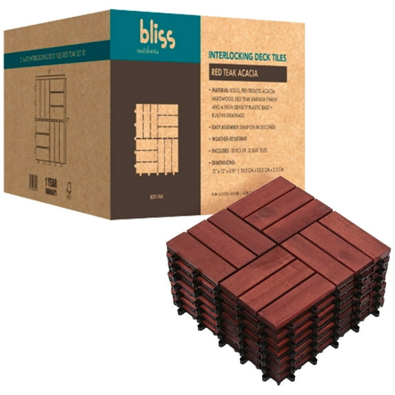 Bliss Outdoors Hardwood 12-Slat Interlocking Acacia Wooden Deck Tiles, Red, Set of 10