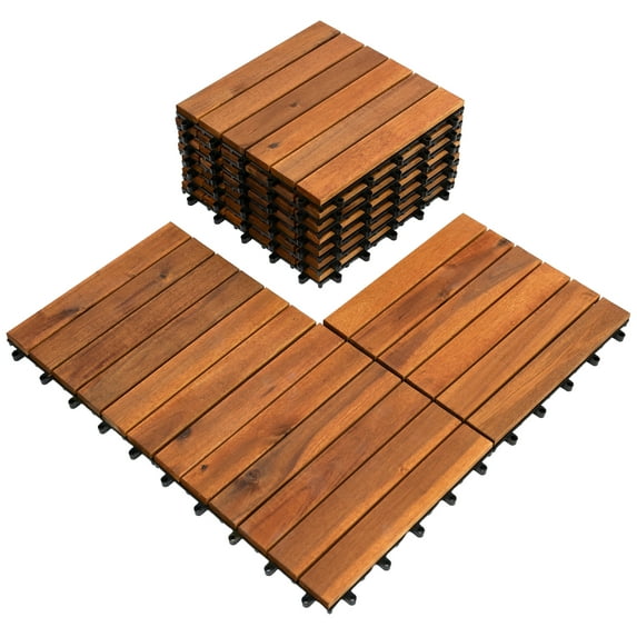 Bliss Outdoors Hardwood 6-Slat Interlocking Acacia Wooden Deck Tiles, Natural, Set of 10