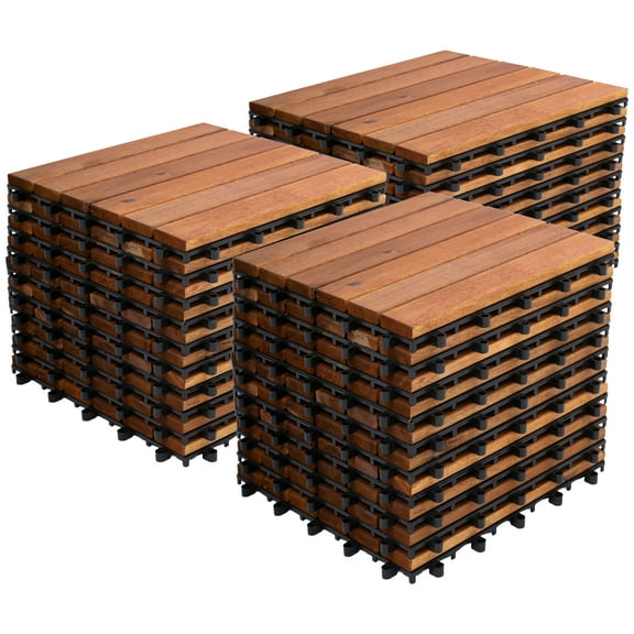 Bliss Outdoors Hardwood 6-Slat Interlocking Acacia Wooden Deck Tiles, Natural, Set of 30