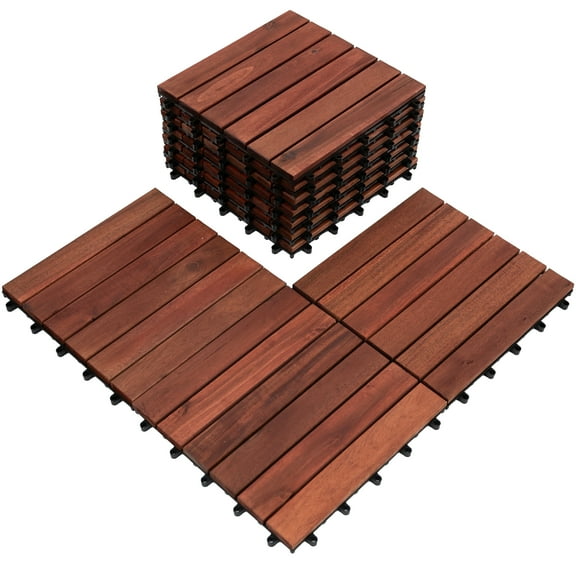 Bliss Outdoors Hardwood 6-Slat Interlocking Acacia Wooden Deck Tiles, Red, Set of 10