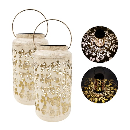 Bliss Outdoors Set of 2 Solar LED Lanterns W/ Rose Design & Hand Painted Finish, 9-in. Tall - White