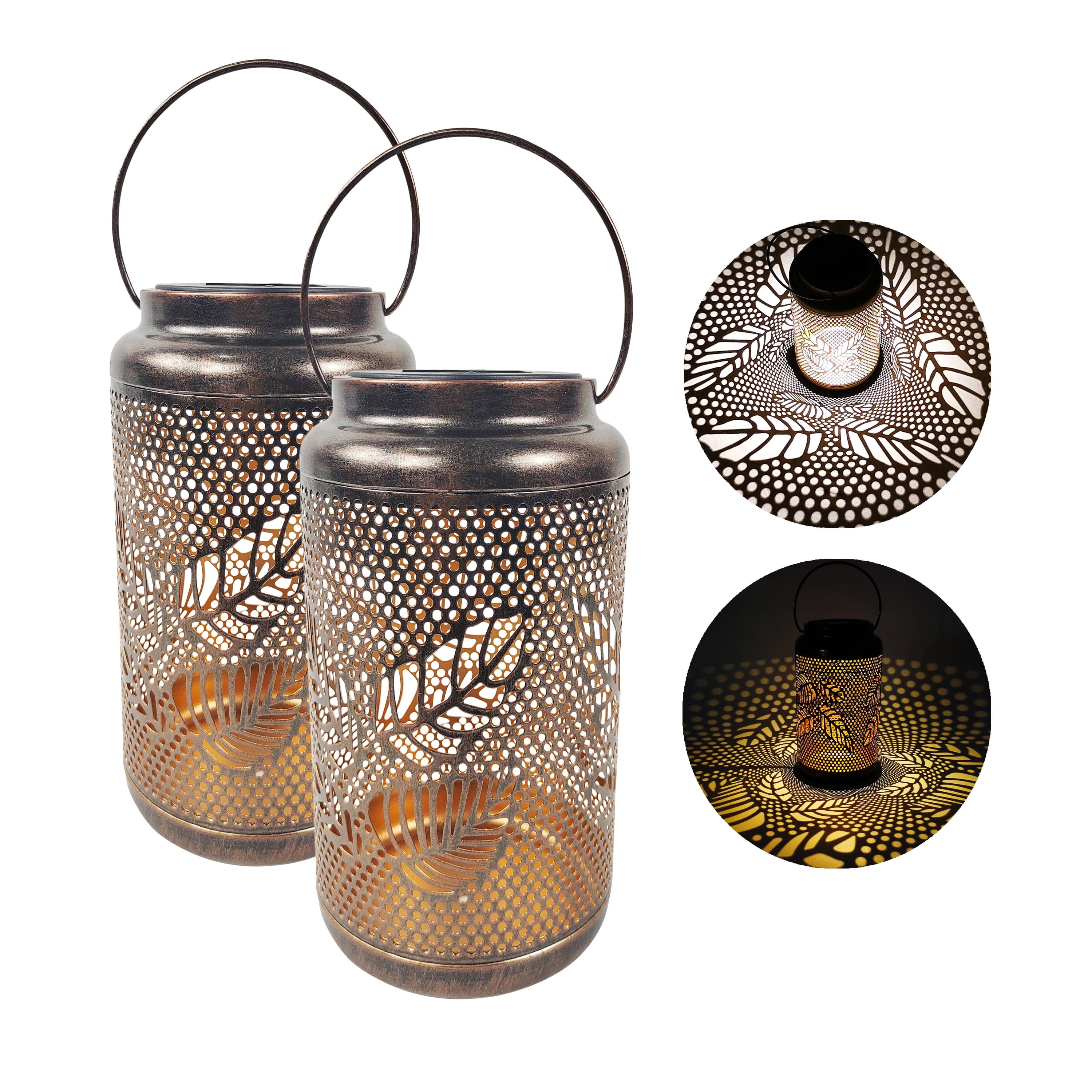 Bronze 9" Solar LED Hanging Lanterns with Berry Leaf Design, Set of 2