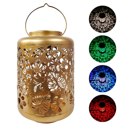 Bliss Outdoors Solar LED Lantern W/ Tropical Flower Design & Hand Painted Finish, 12-in. Tall, Waterproof IP44 (Gold)