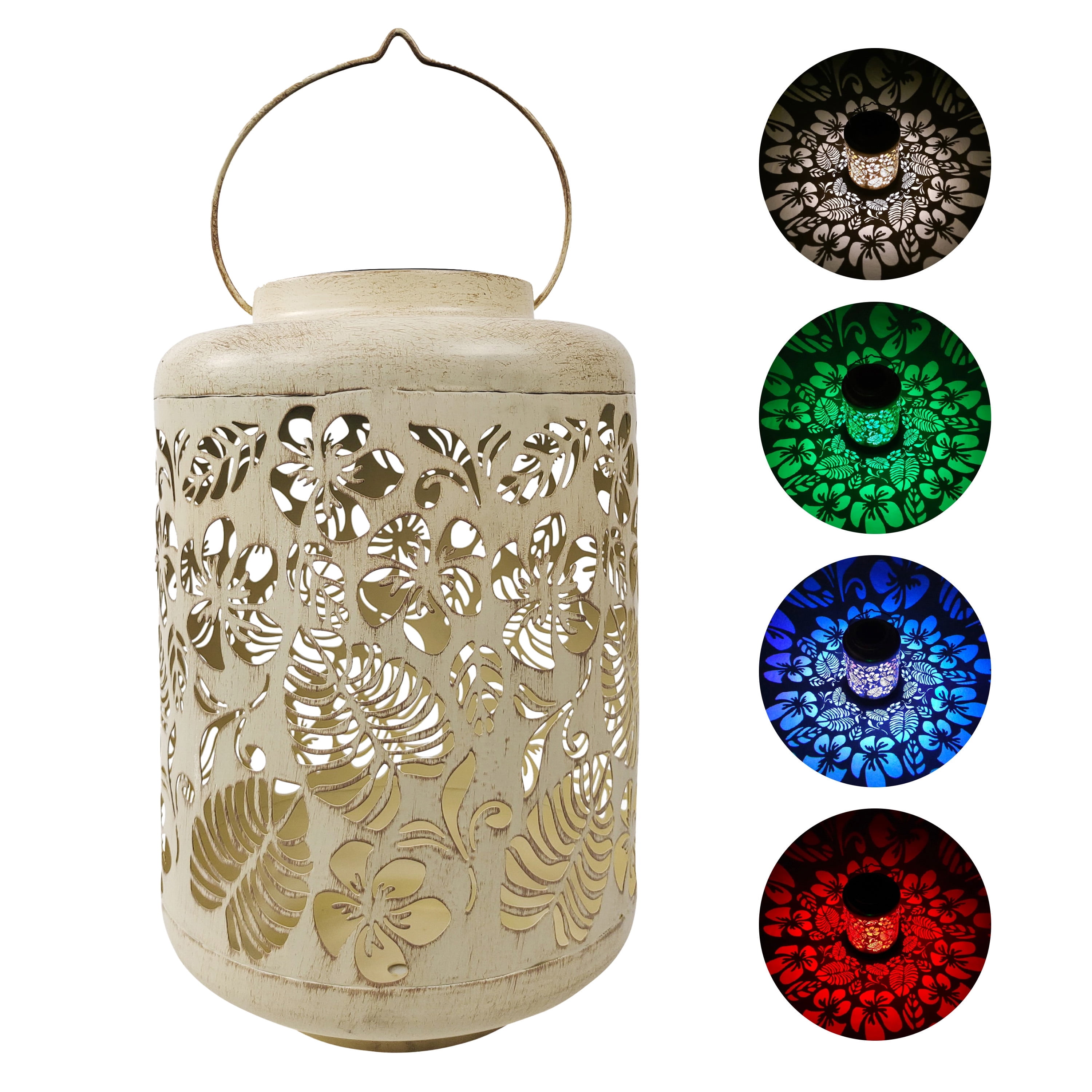 White Hand-Painted Metal Solar LED Lantern with Tropical Design