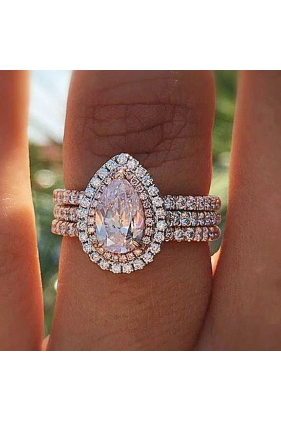 Pear-Shaped Pink Crystal Three-Layer Ring in Gold-Plated Alloy