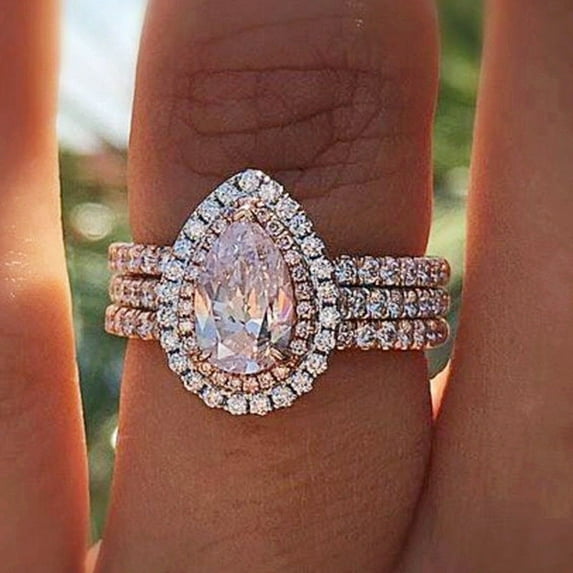 Bliss Pear-Shaped Pink Crystal Three-Layer Ring in Gold-Plated Alloy