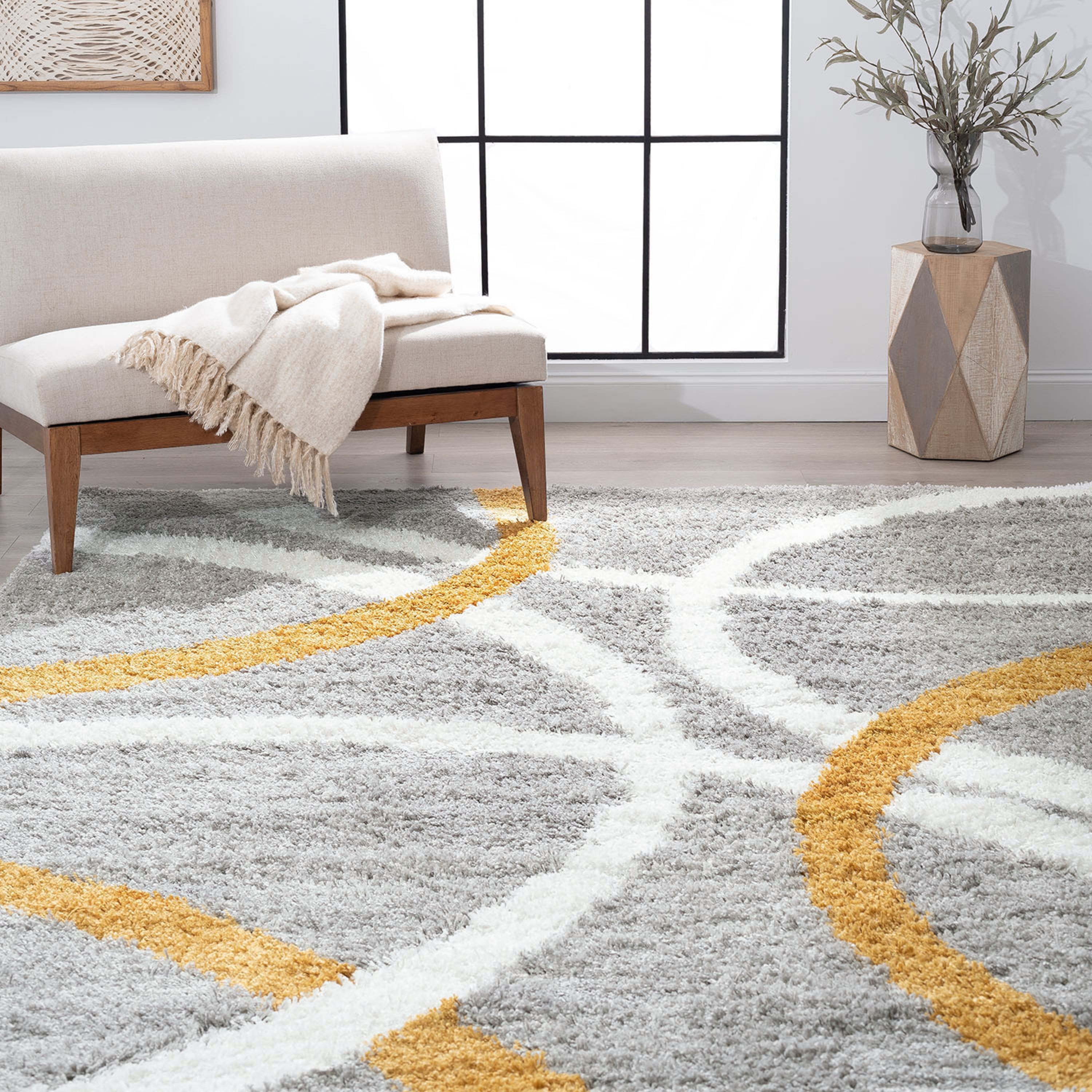 Bliss Rug Abstract Indoor Shag Rug for Living Room, Bedroom, Kids Room |Gray/Yellow, 8' x 10' (7'11''x9'11'')