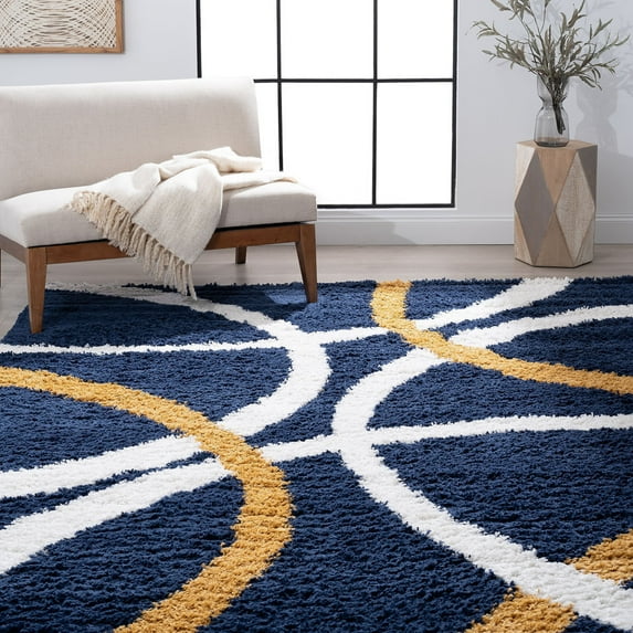 Bliss Rug Abstract Indoor Shag Rug for Living Room, Bedroom, Kids Room |Yellow/Navy, 5' x 8' (5'3''x7'3'')