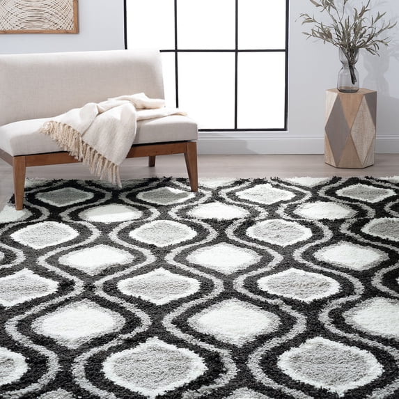 Bliss Rug Geometric Indoor Shag Rug for Living Room, Bedroom, Kids Room |Gray/White, 5' x 8' (5'3''x7'3'')