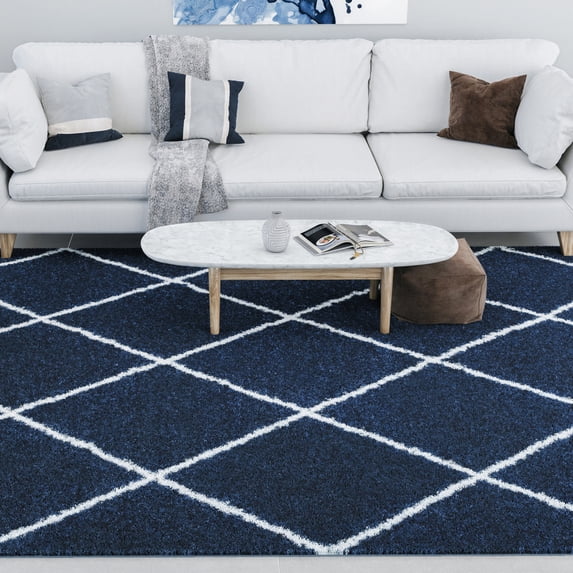 Jersey Shag Contemporary Diamond Navy and White Polypropylene Indoor Area Rug, 4'x6' Rectangle