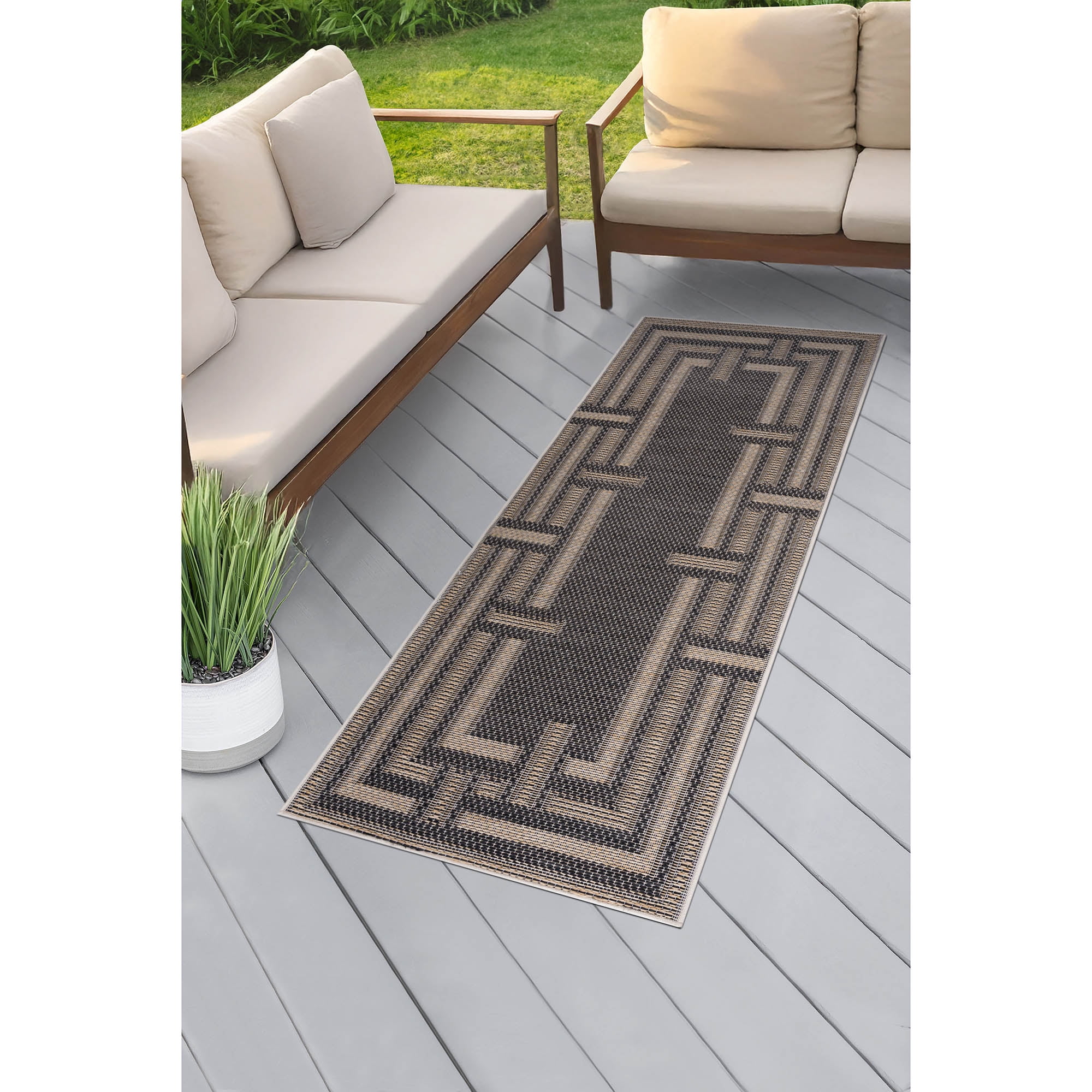Bliss Rugs Bailey Transitional 2' x 7' Black and Natural Indoor Outdoor Area Rug