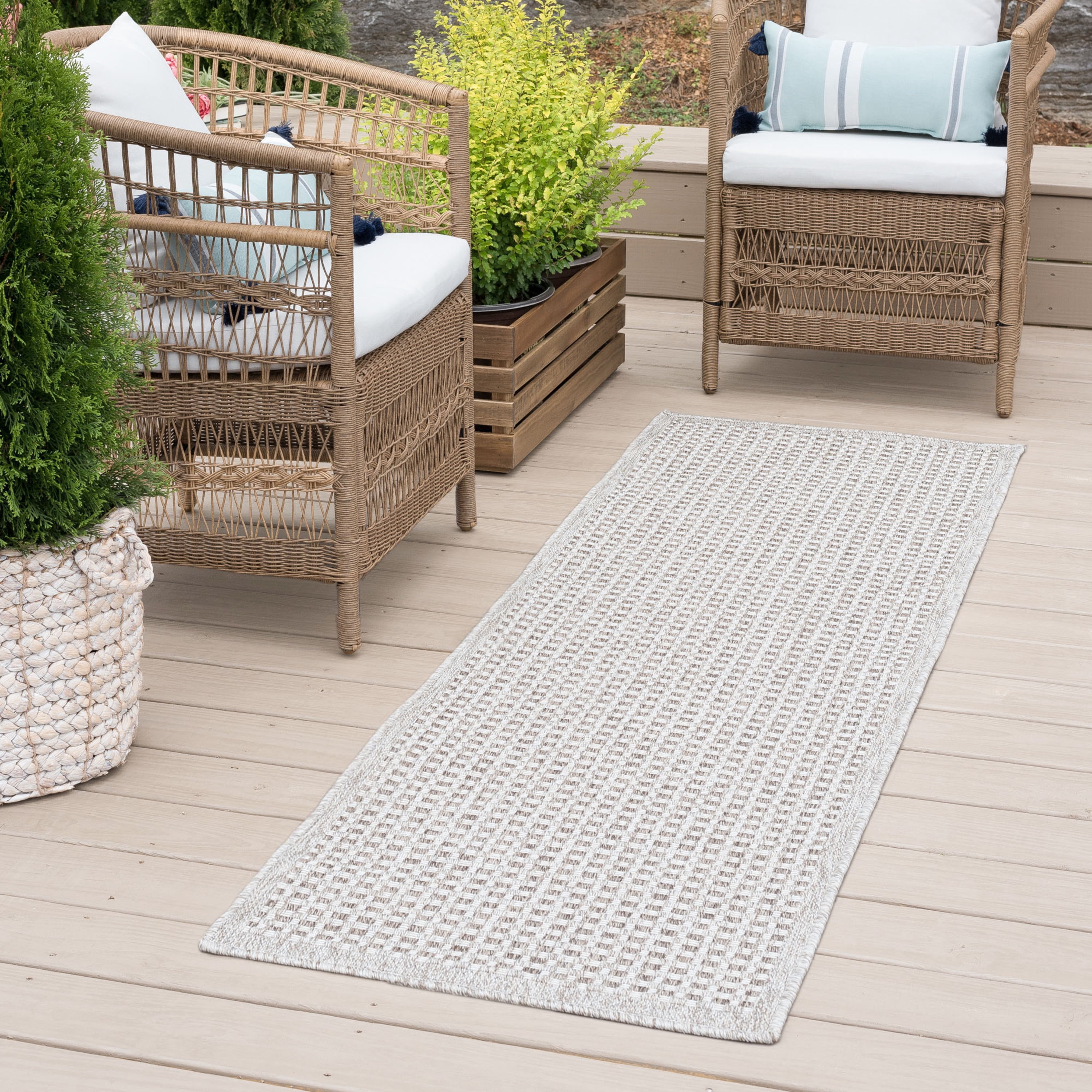 Bliss Rugs Basket Weave Water Resistant Runner Rugs for Patio, Hallway, Entryway, Deck, Taupe ,2' x 8'