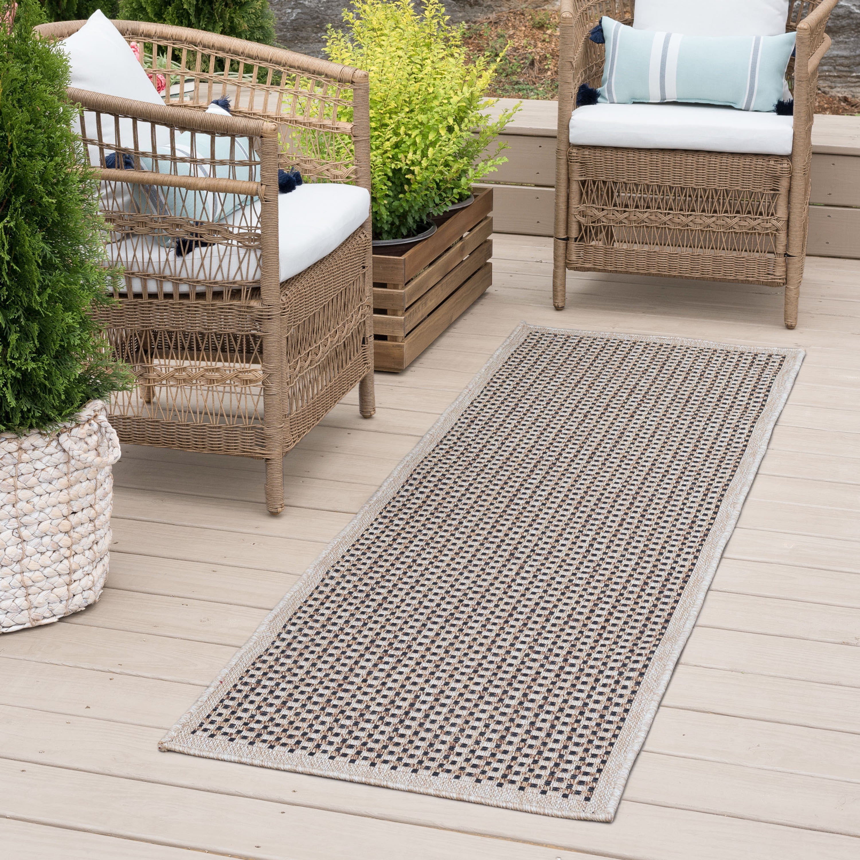 Bliss Rugs Basket WeaveIndoor Outdoor Rug Water Resistant Runner Rugs for Patio, Hallway, Entryway, Deck, Beige ,2' x 8'