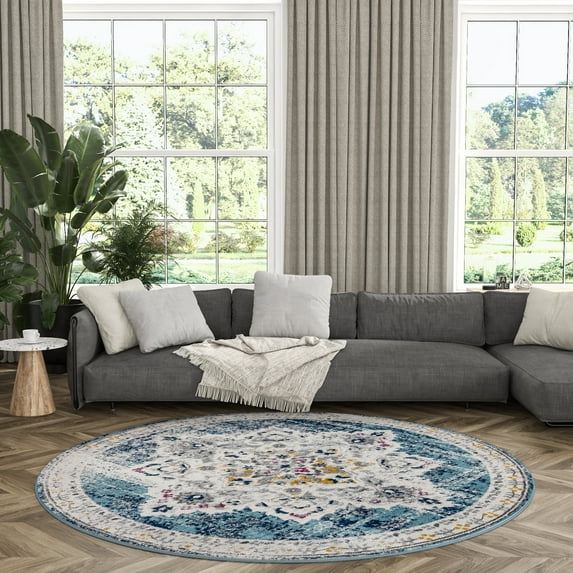 Bliss Rugs Bohemian Traditional Medallion Round Rug for Living Room, Dining Room | Blue, 5'3''Round