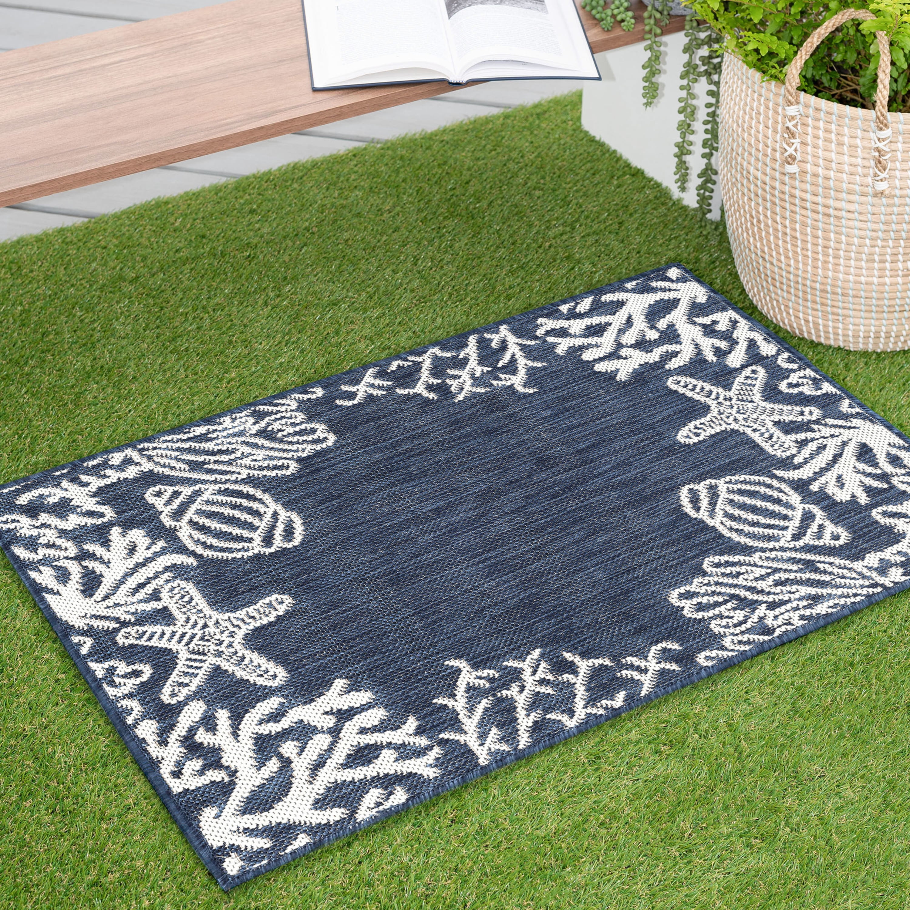 Bliss Rugs Coastal Indoor Outdoor Rug Low-Profile Floor Mat for Patio, Entrance, Front Door | Navy, 2' x 3'