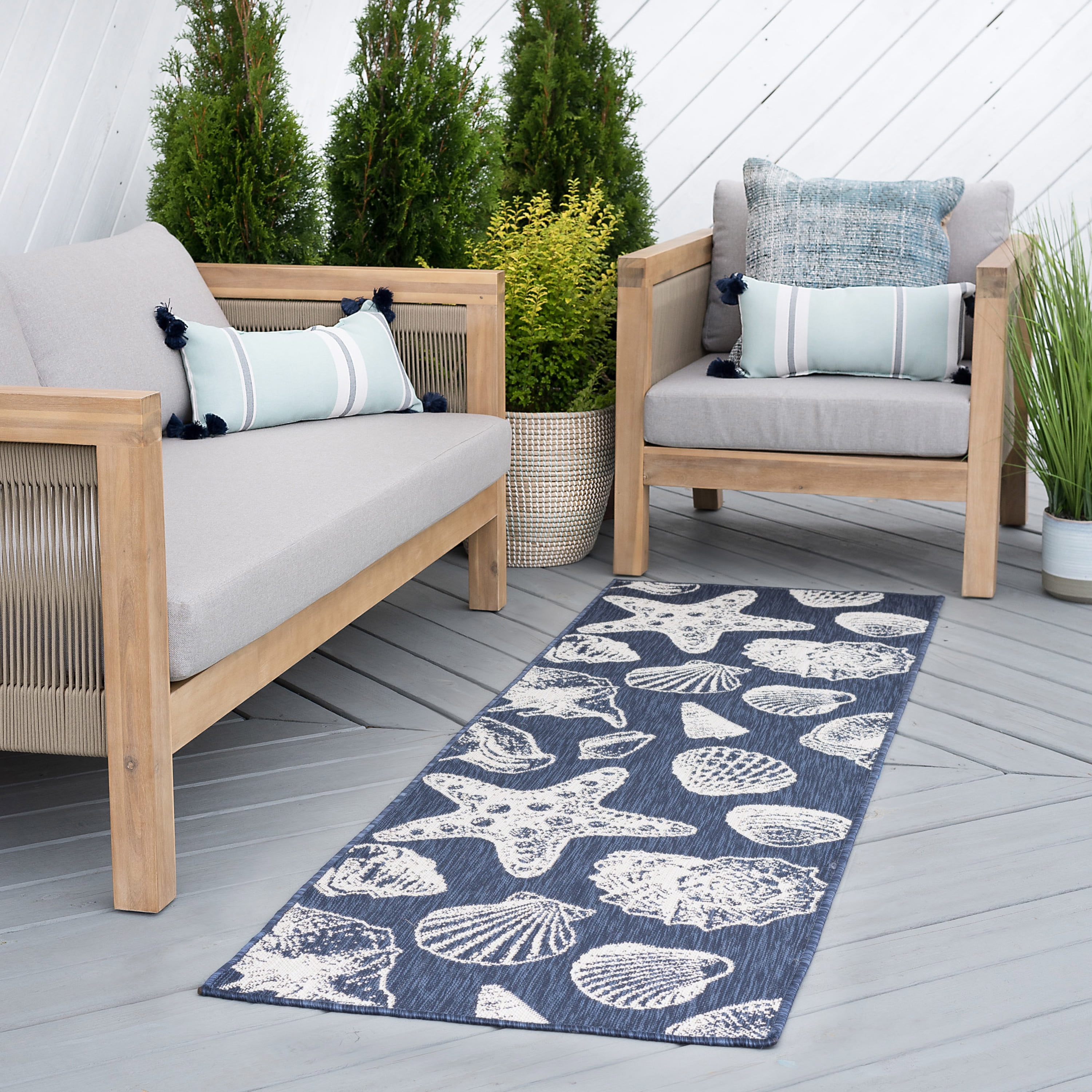 Bliss Rugs Coastal Indoor Outdoor Rug Water Resistant Runner Rug for Patio, Hallway, Entryway, Deck, Navy ,2' x 8'