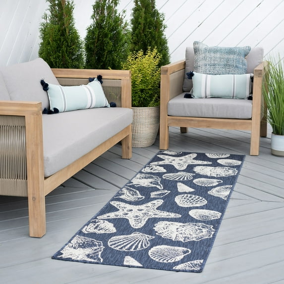 Bliss Rugs Coastal Indoor Outdoor Rug Water Resistant Runner Rug for Patio, Hallway, Entryway, Deck, Navy ,3' x 10'