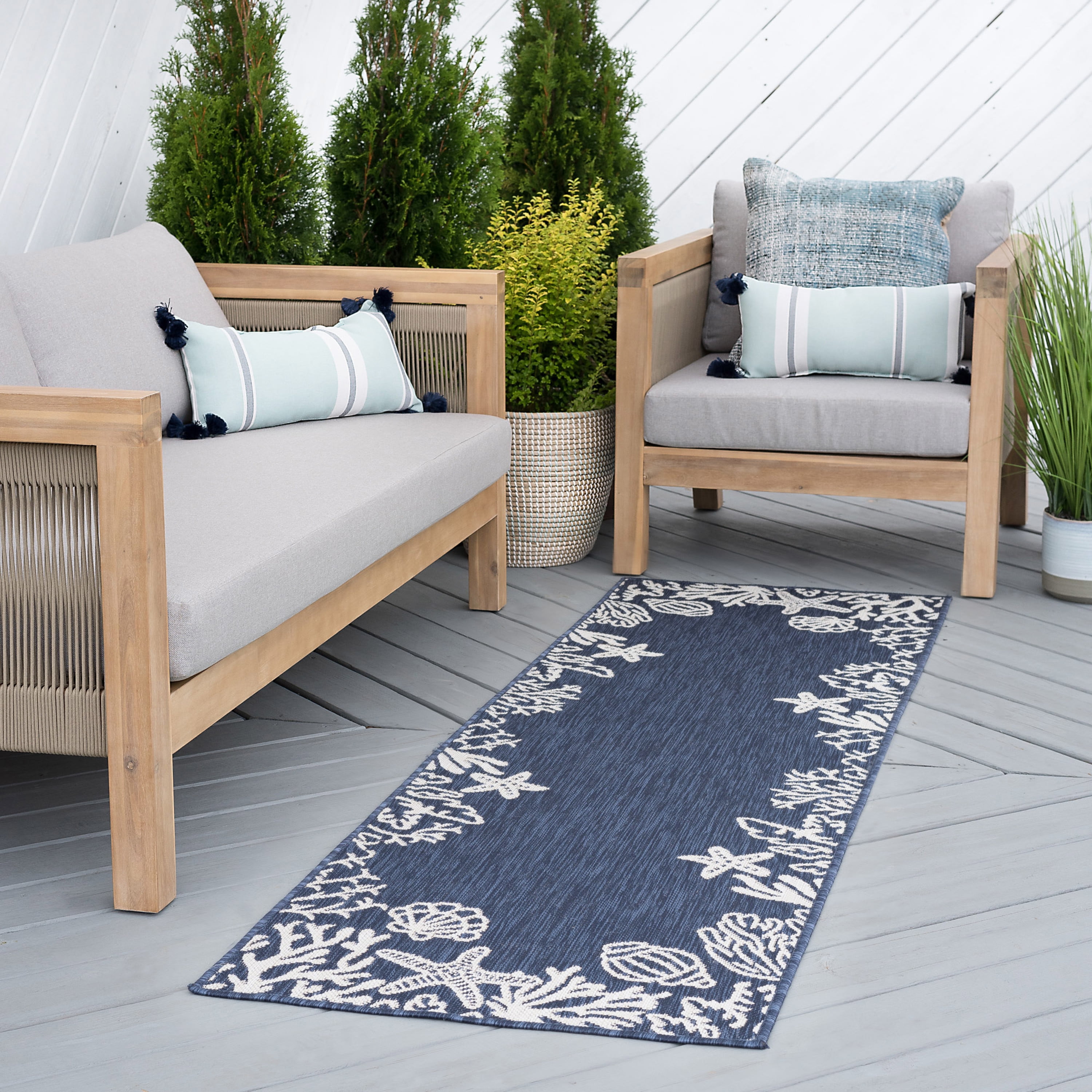 Bliss Rugs Coastal Indoor Outdoor Rug Water Resistant Runner Rug for Patio, Hallway, Entryway, Deck, Navy ,3' x 10'