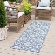 Bliss Rugs Damask Indoor Outdoor Rug Water Resistant Runner Rugs for Patio, Hallway, Entryway, Deck, Blue ,2' x 8'