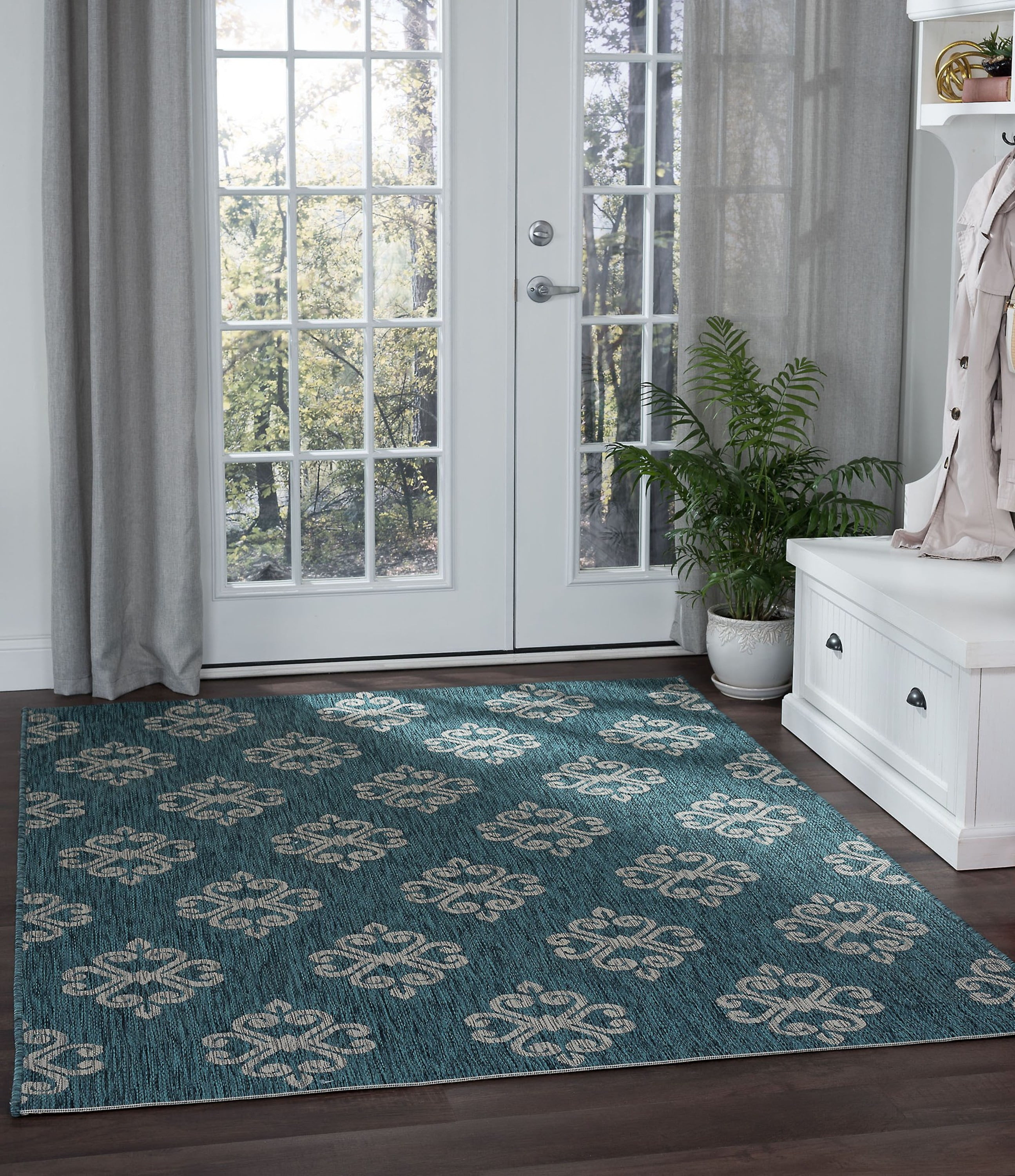 Bliss Rugs Damask Large Indoor Outdoor Area Rug for Patio, Porch, Garden | Teal - Light Gray, 7'10''x10'3''