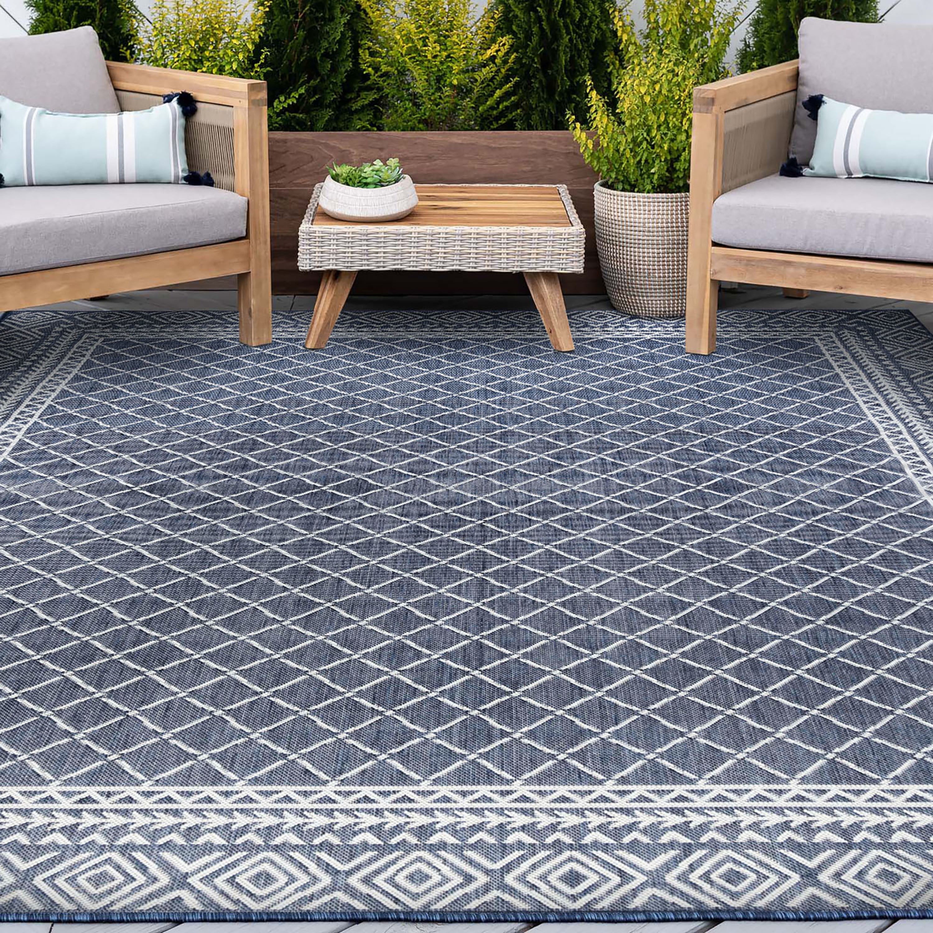 Bliss Rugs Diamond Indoor Outdoor Area Rug for Patio, Porch, Garden | Navy, 5'3'' x 7'3''