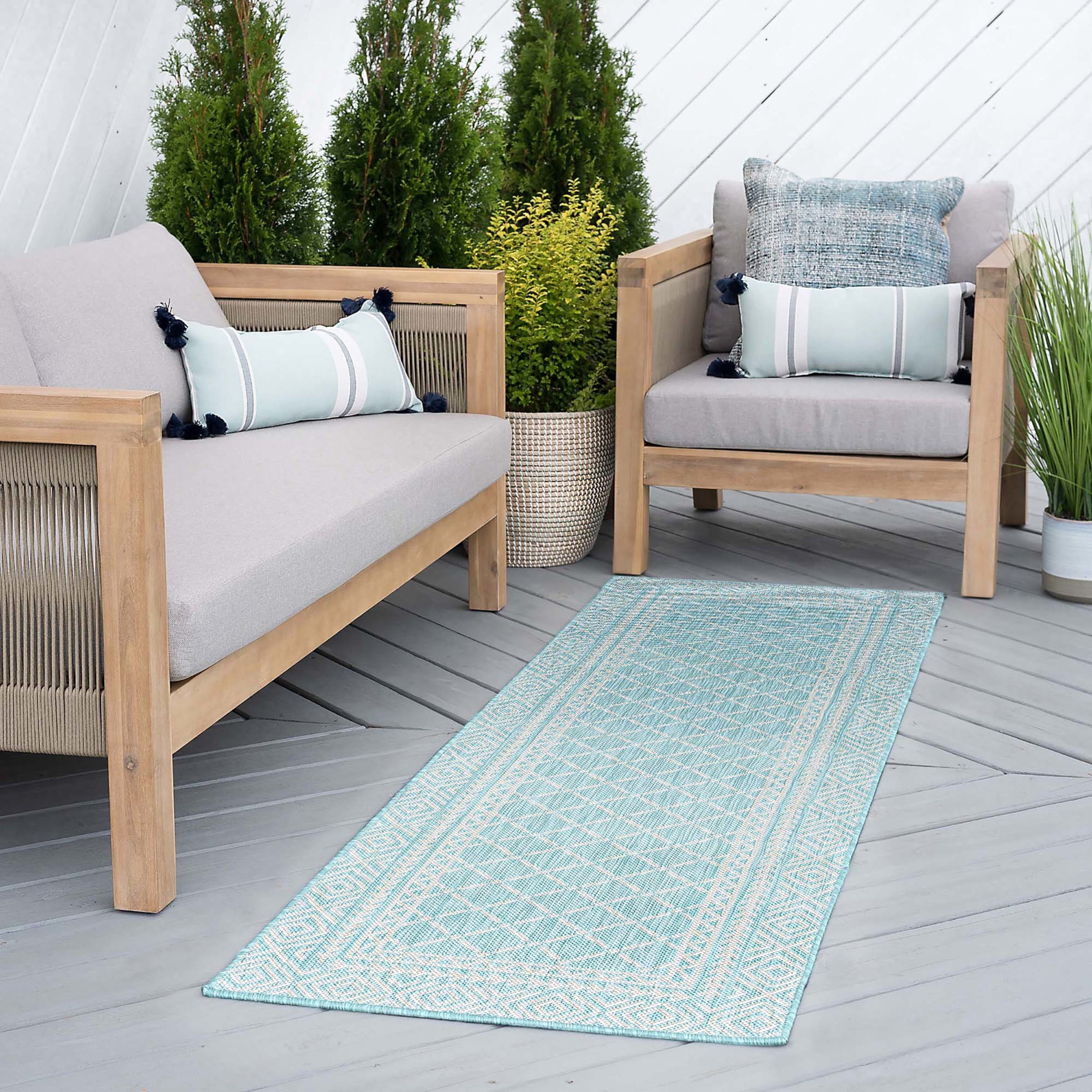 Bliss Rugs Diamond Indoor Outdoor Rug Water Resistant Runner Rug for Patio, Hallway, Entryway, Deck, Aqua ,3' x 10'