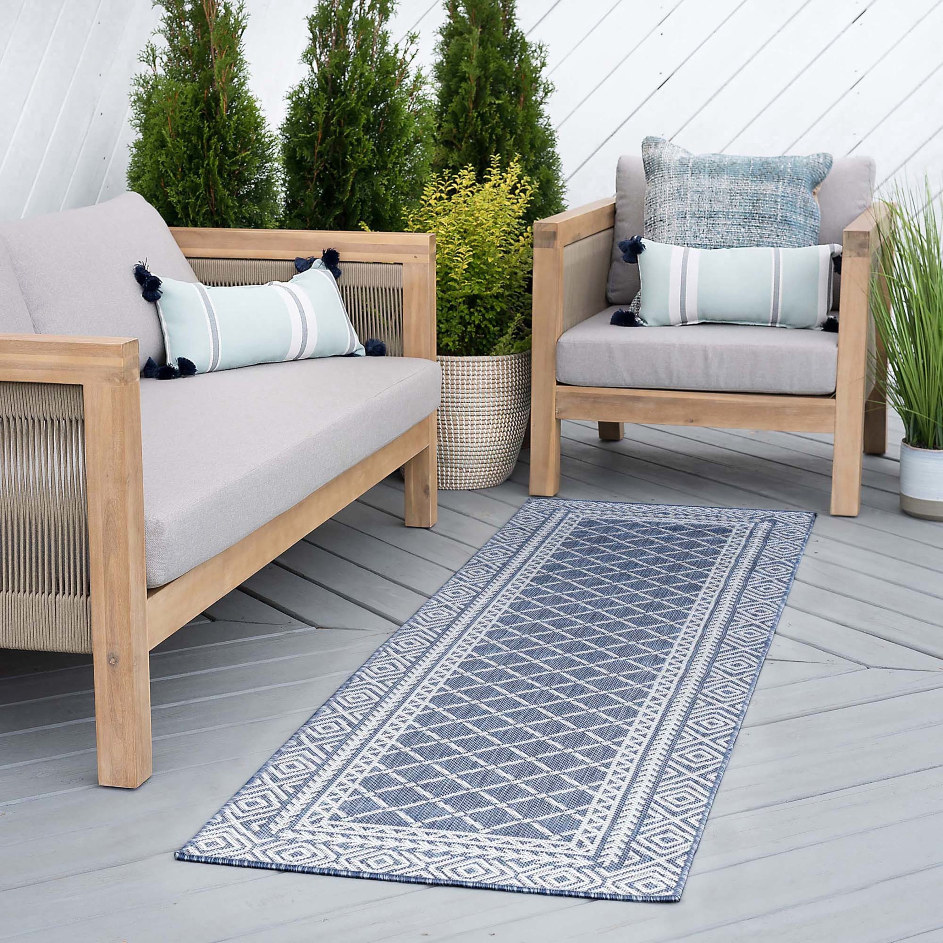 Bliss Rugs Diamond Indoor Outdoor Rug Water Resistant Runner Rug for Patio, Hallway, Entryway, Deck, Blue ,2' x 8'
