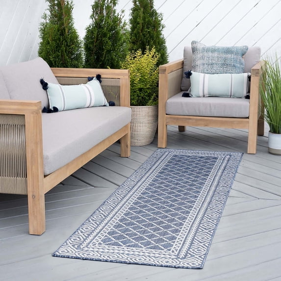 Bliss Rugs Diamond Indoor Outdoor Rug Water Resistant Runner Rug for Patio, Hallway, Entryway, Deck, Blue ,3' x 10'