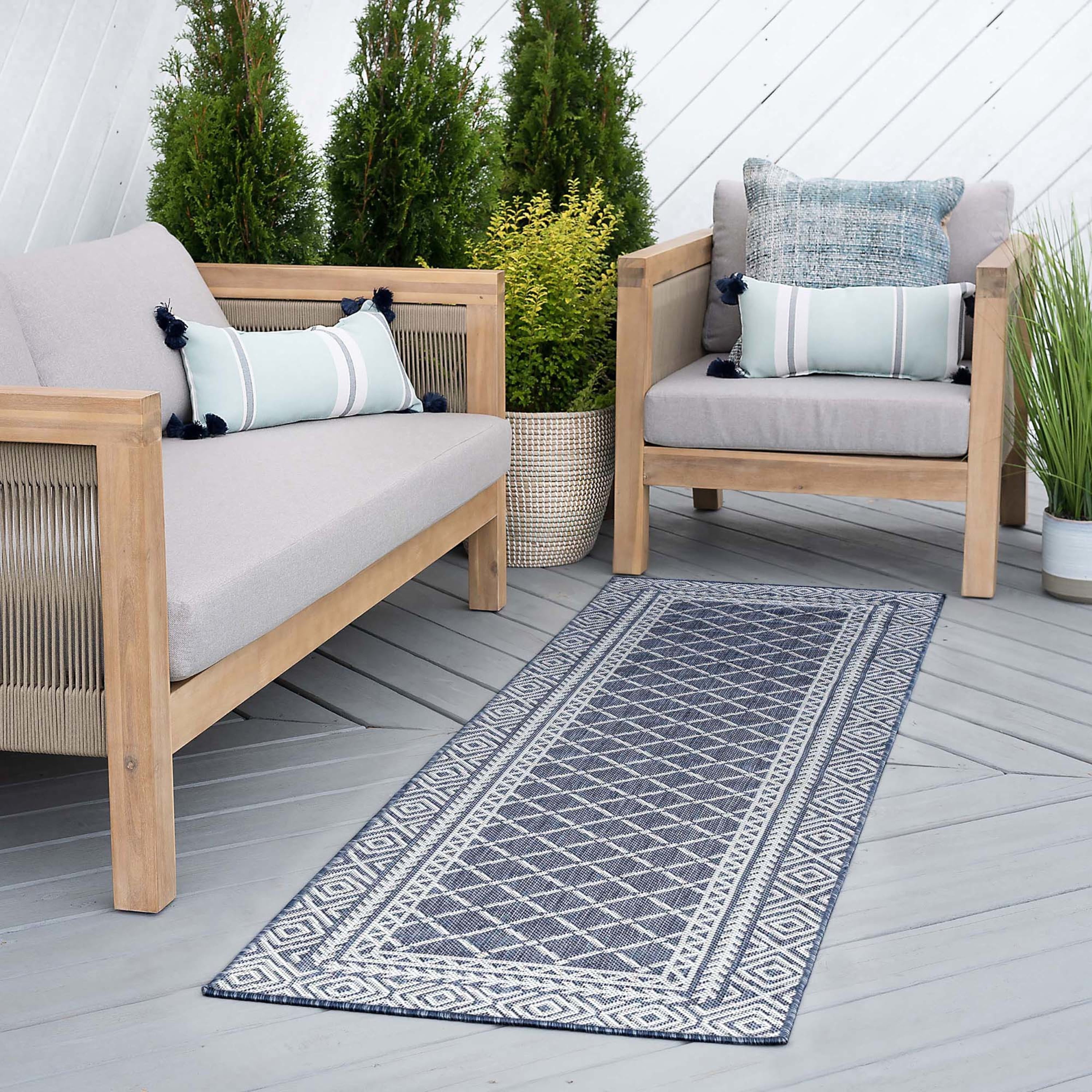 Bliss Rugs Diamond Indoor Outdoor Rug Water Resistant Runner Rug for Patio, Hallway, Entryway, Deck, Navy ,2' x 8'