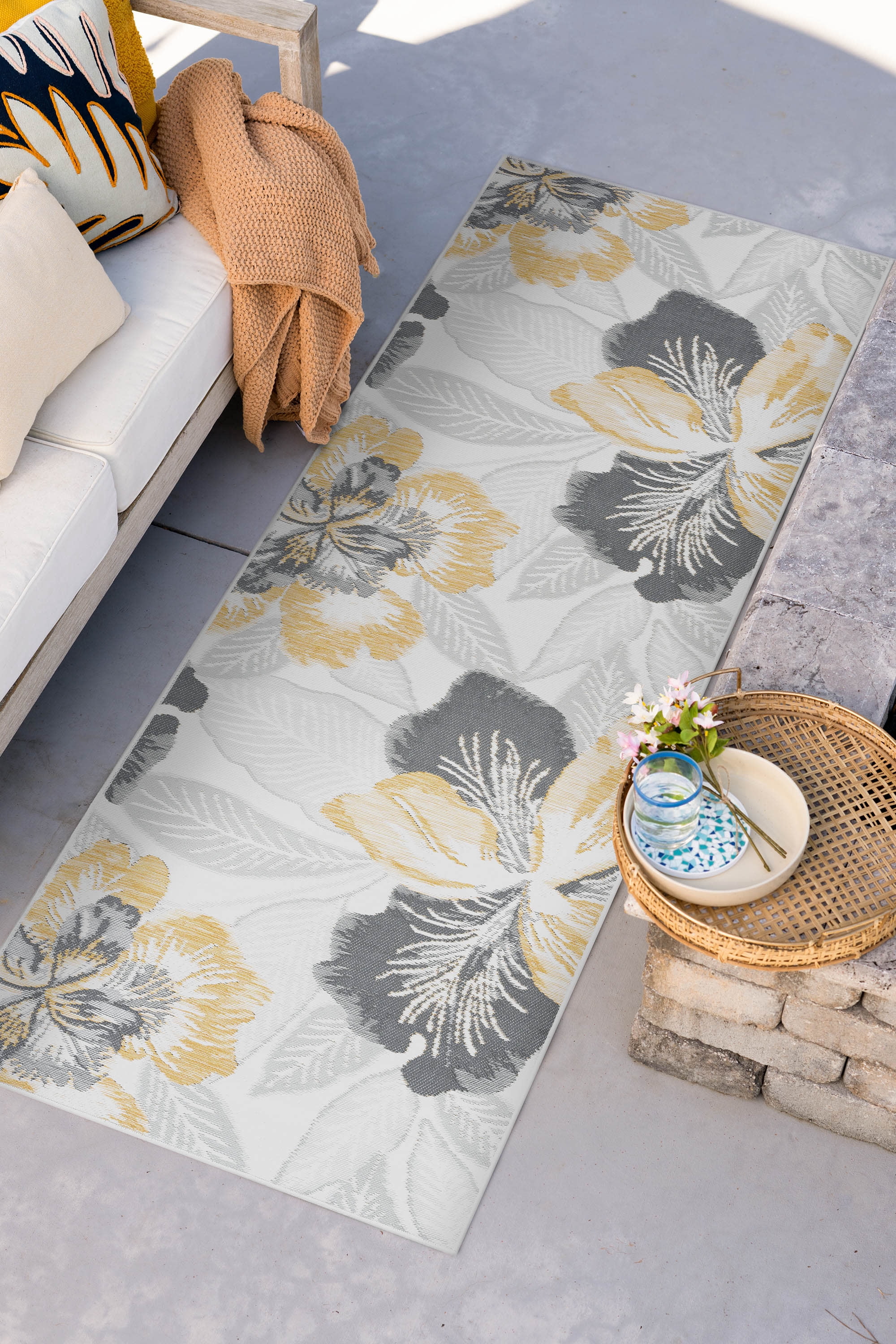 Bliss Rugs Floral Indoor Outdoor Rug Reversible Runner Rug for Patio, Hallway, Entryway, Deck, Cream ,2' x 8'