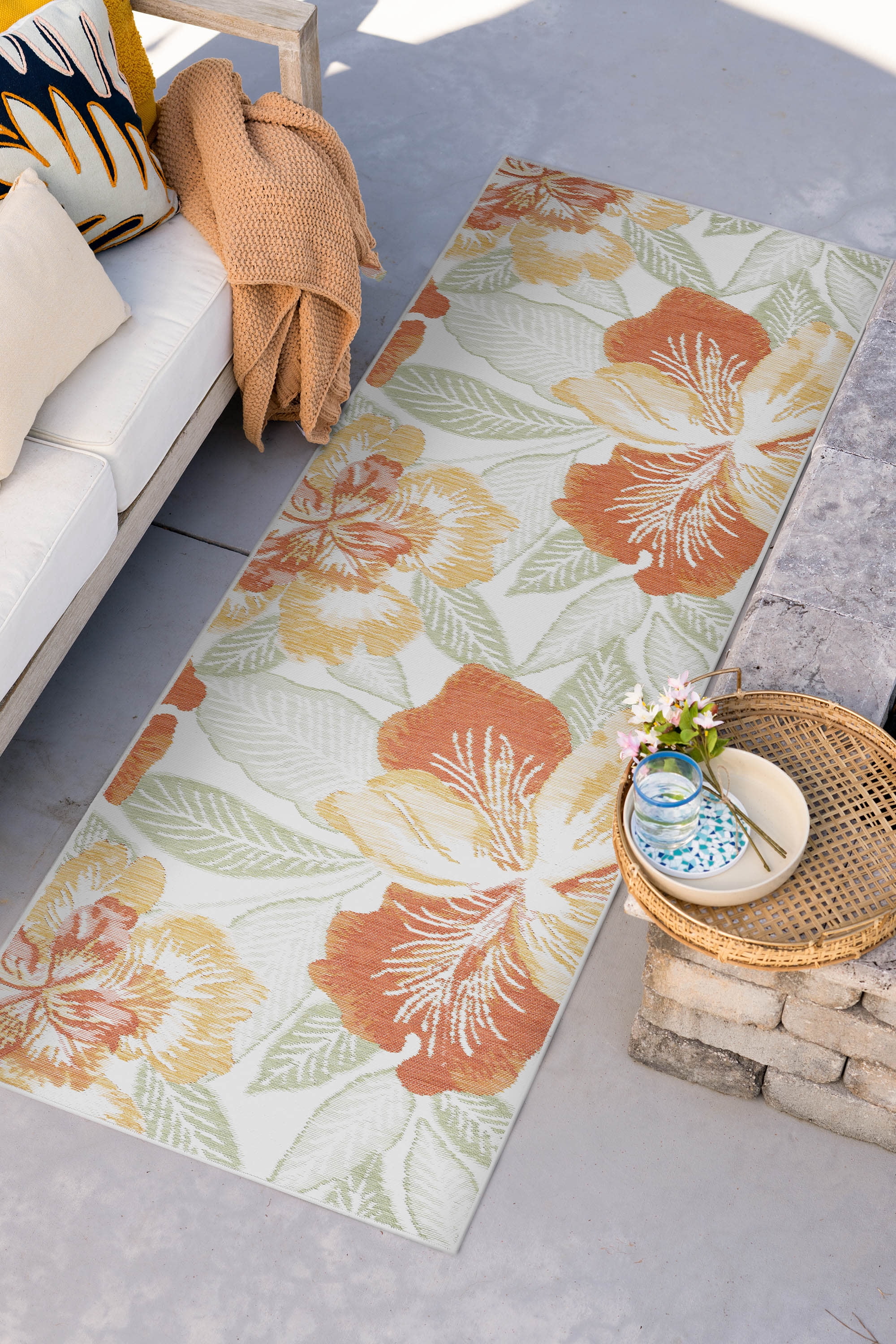 Bliss Rugs Floral Indoor Outdoor Rug Reversible Runner Rug for Patio, Hallway, Entryway, Deck, Orange ,2' x 8'