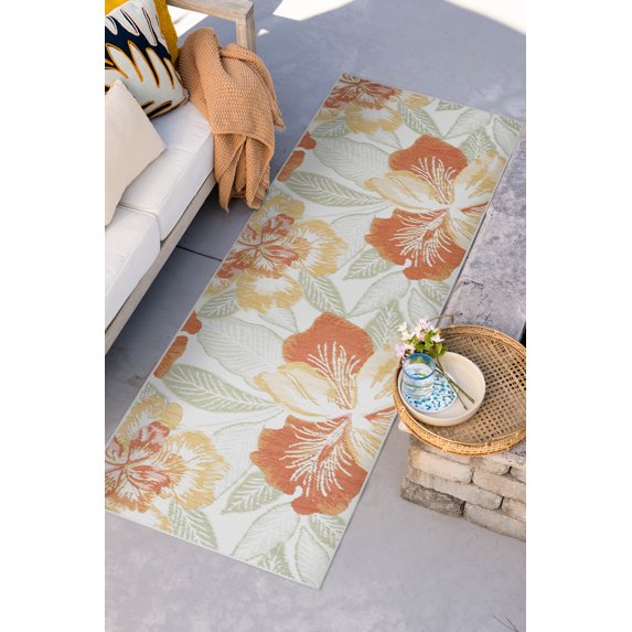 Bliss Rugs Floral Indoor Outdoor Rug Reversible Runner Rug for Patio, Hallway, Entryway, Deck, Orange ,2' x 8'