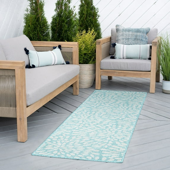 Bliss Rugs Floral Indoor Outdoor Rug Water Resistant Runner Rug for Patio, Hallway, Entryway, Deck, Aqua ,2' x 8'