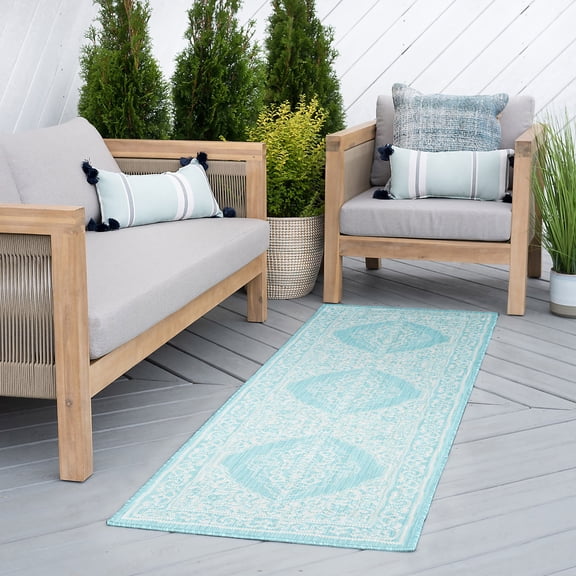 Bliss Rugs Floral Indoor Outdoor Rug Water Resistant Runner Rug for Patio, Hallway, Entryway, Deck, Aqua ,2' x 8'