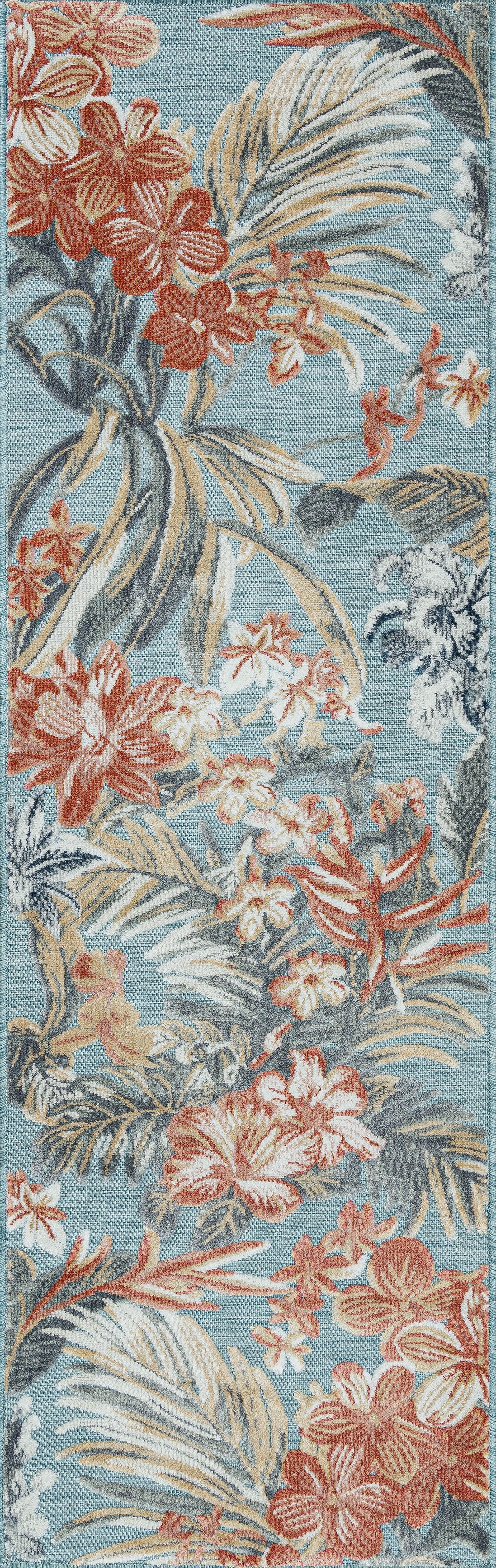 Bliss Rugs Floral Indoor Outdoor Rug Water Resistant Runner Rug for Patio, Hallway, Entryway, Deck, Aqua ,2' x 8'