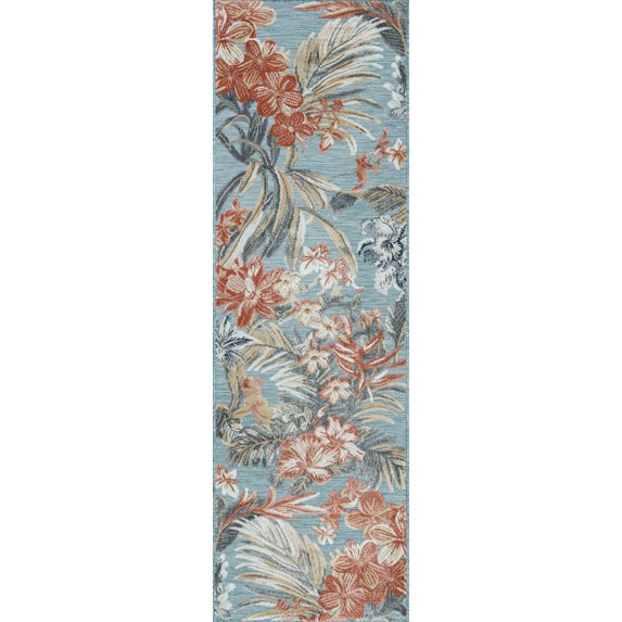 Bliss Rugs Floral Indoor Outdoor Rug Water Resistant Runner Rug for Patio, Hallway, Entryway, Deck, Aqua ,2' x 8'
