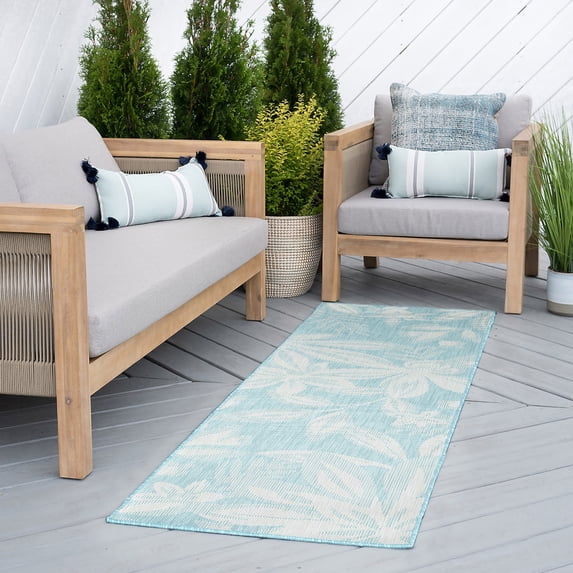 Bliss Rugs Floral Indoor Outdoor Rug Water Resistant Runner Rug for Patio, Hallway, Entryway, Deck, Aqua ,3' x 10'