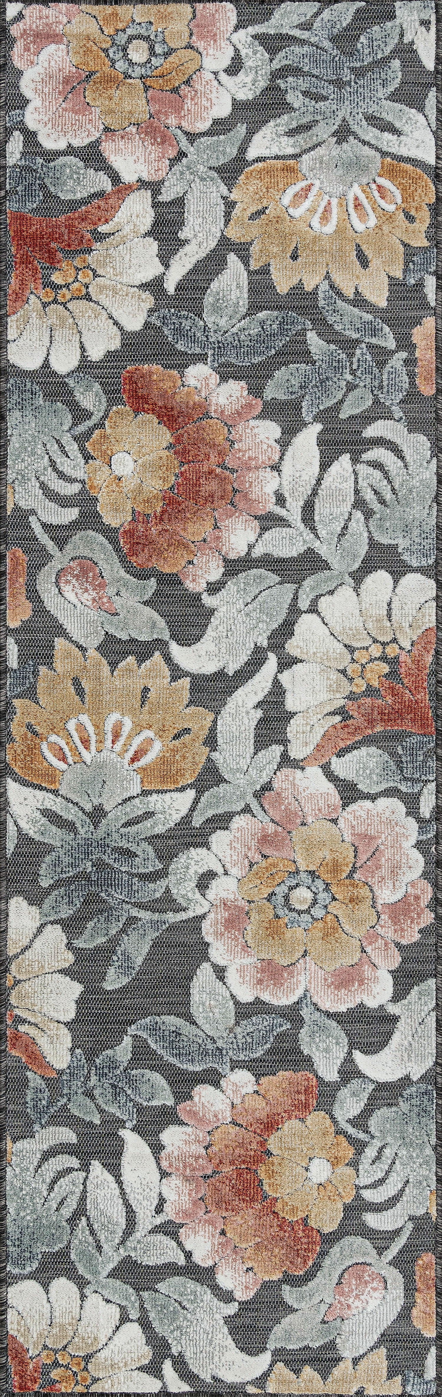 Bliss Rugs Floral Indoor Outdoor Rug Water Resistant Runner Rug for Patio, Hallway, Entryway, Deck, Black ,2' x 8'