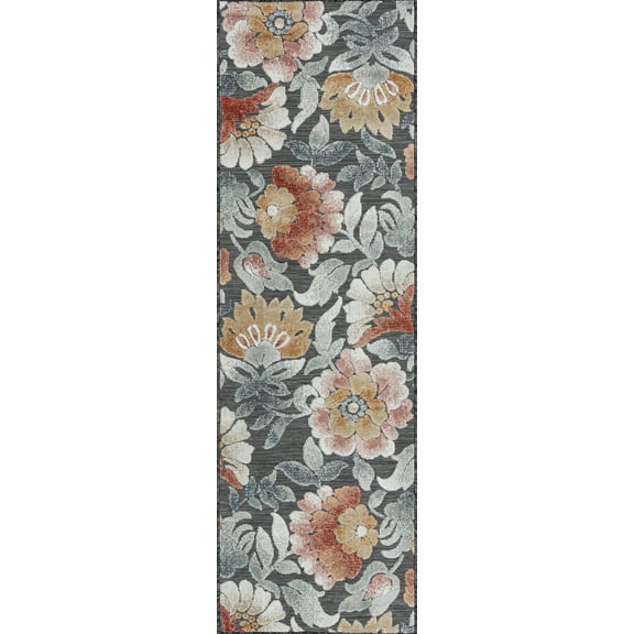 Bliss Rugs Floral Indoor Outdoor Rug Water Resistant Runner Rug for Patio, Hallway, Entryway, Deck, Black ,2' x 8'